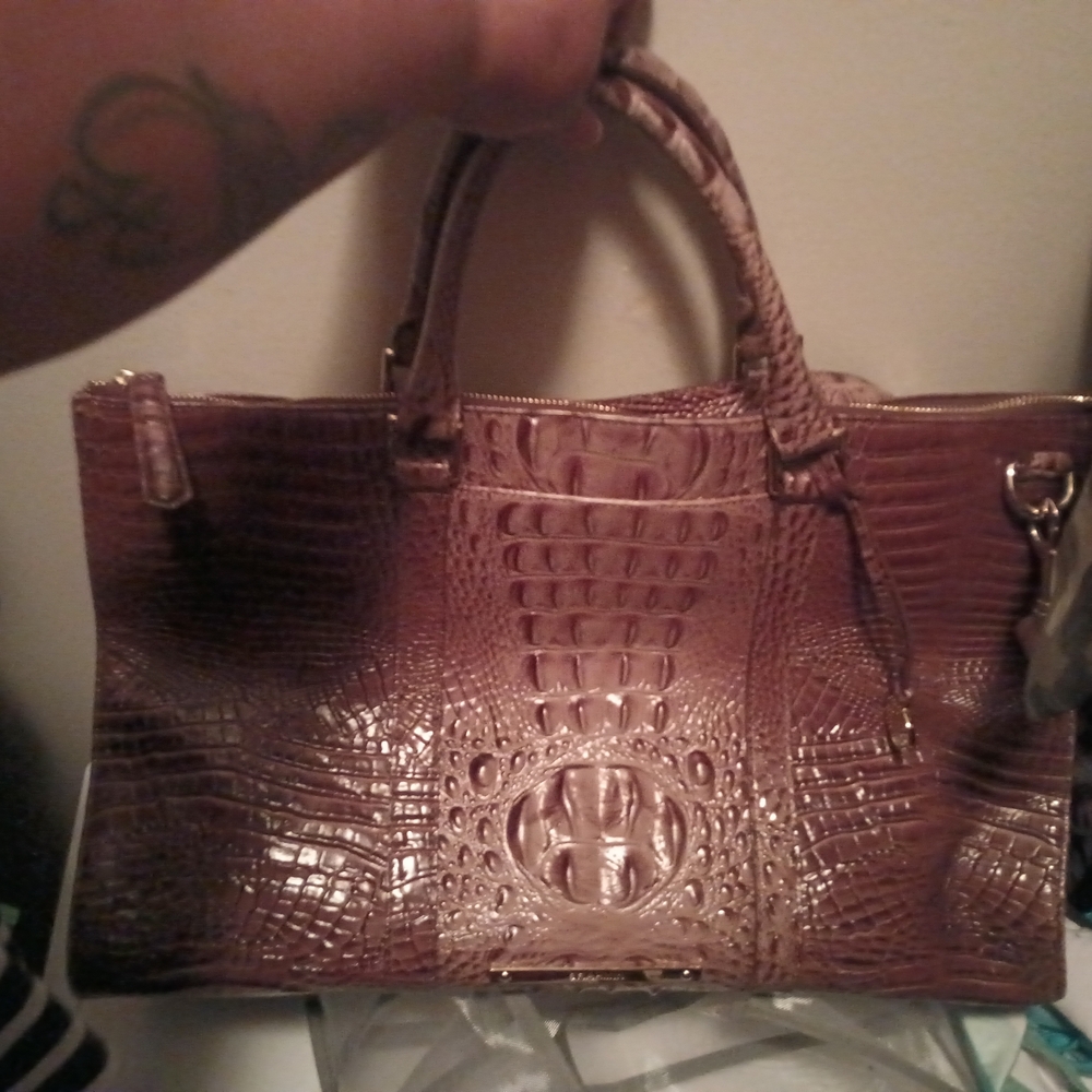 Brahmin Croc-Embossed Satchel in Rich Brown
